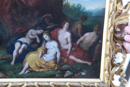 17th century Flemish School Diana and attendants asleep in woodland 10.75 x 15in.